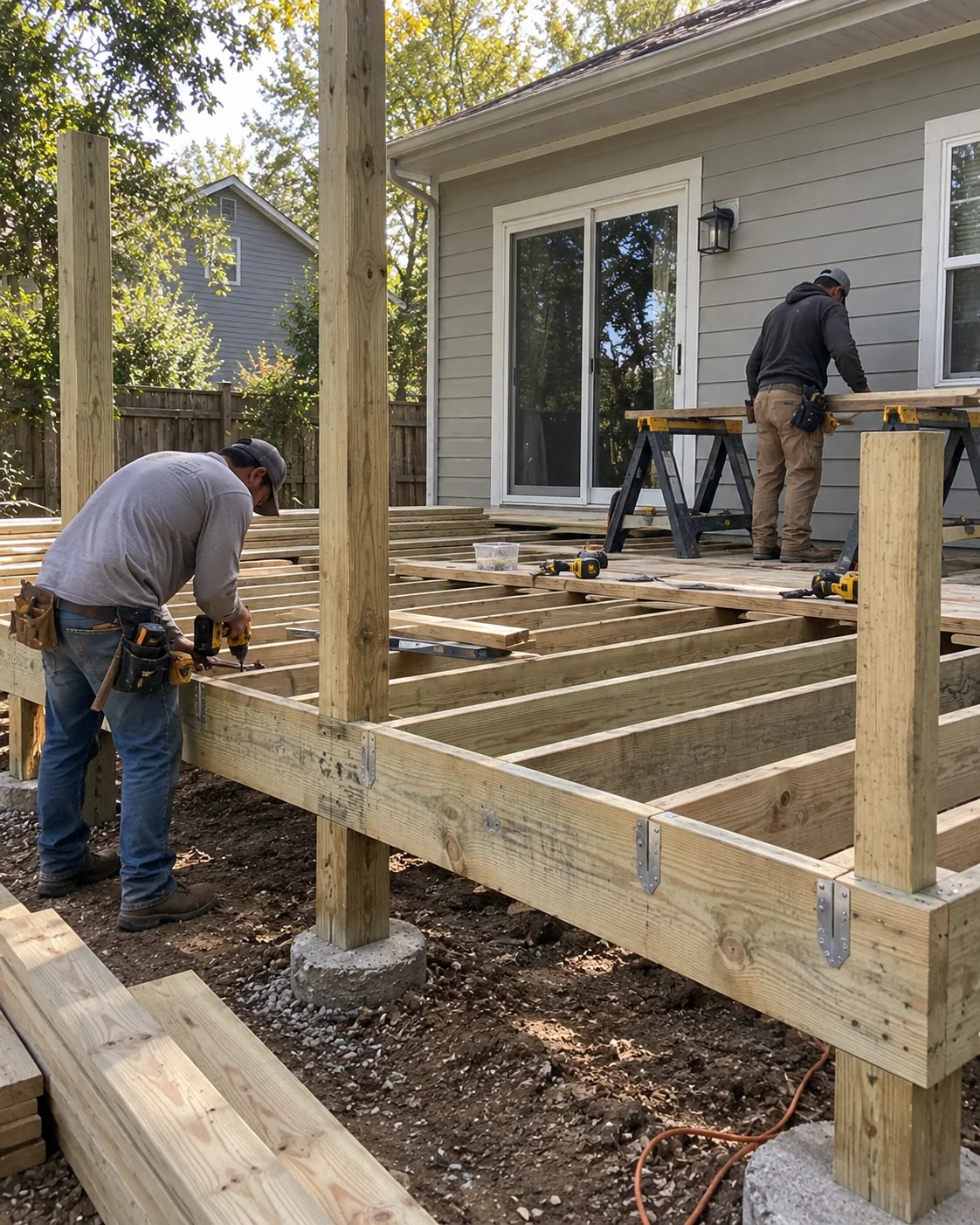 Timber deck posts and open framing beside a house, with two people working around the frame.