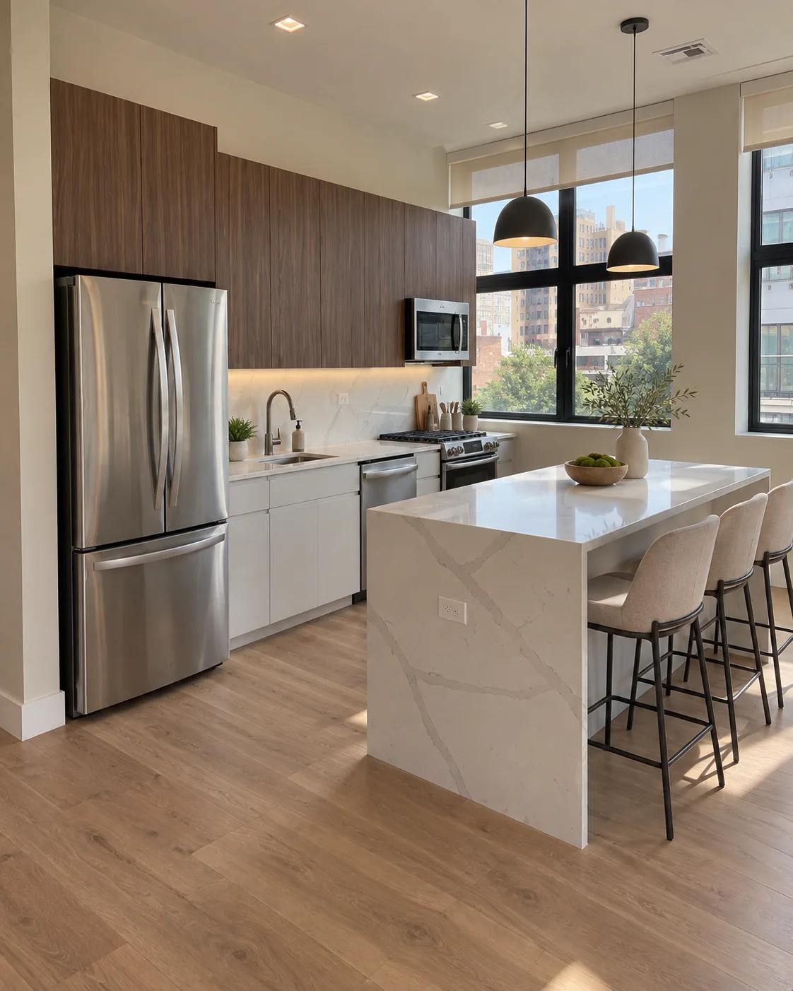 Kitchen with wood cabinets, a pale stone island and pendant lights.