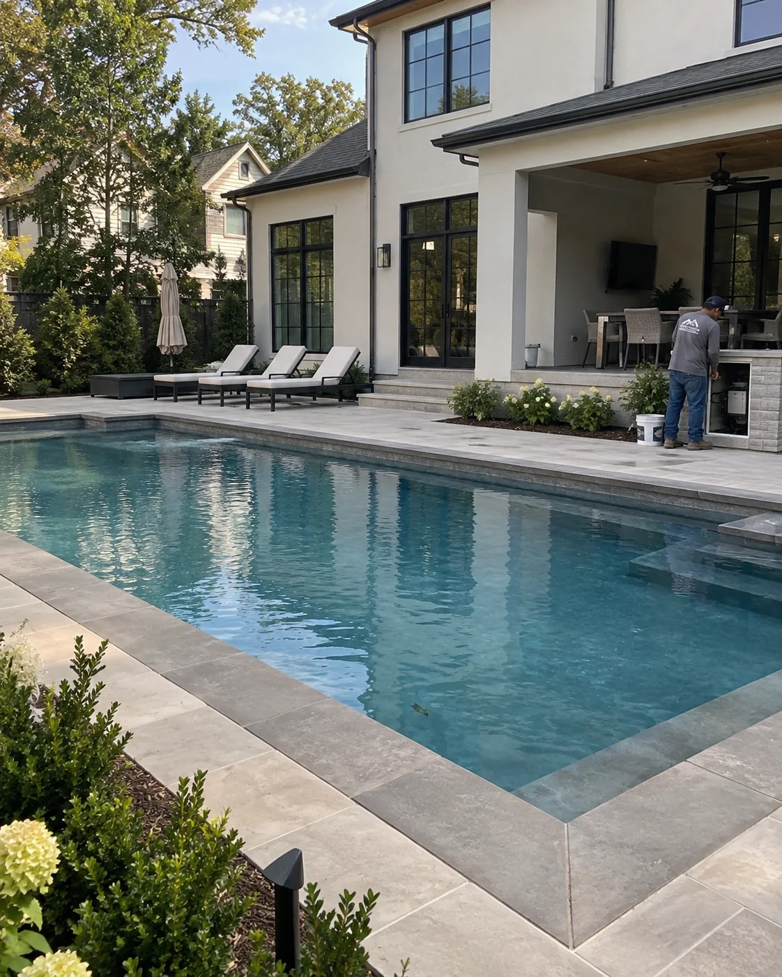 Rectangular swimming pool with paved edges beside a house and covered outdoor seating.